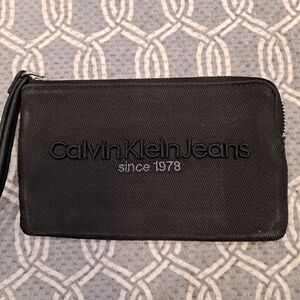 Calvin Klein Jeans Black Denim  Zip-Around Wristlet With Raised Embroidery